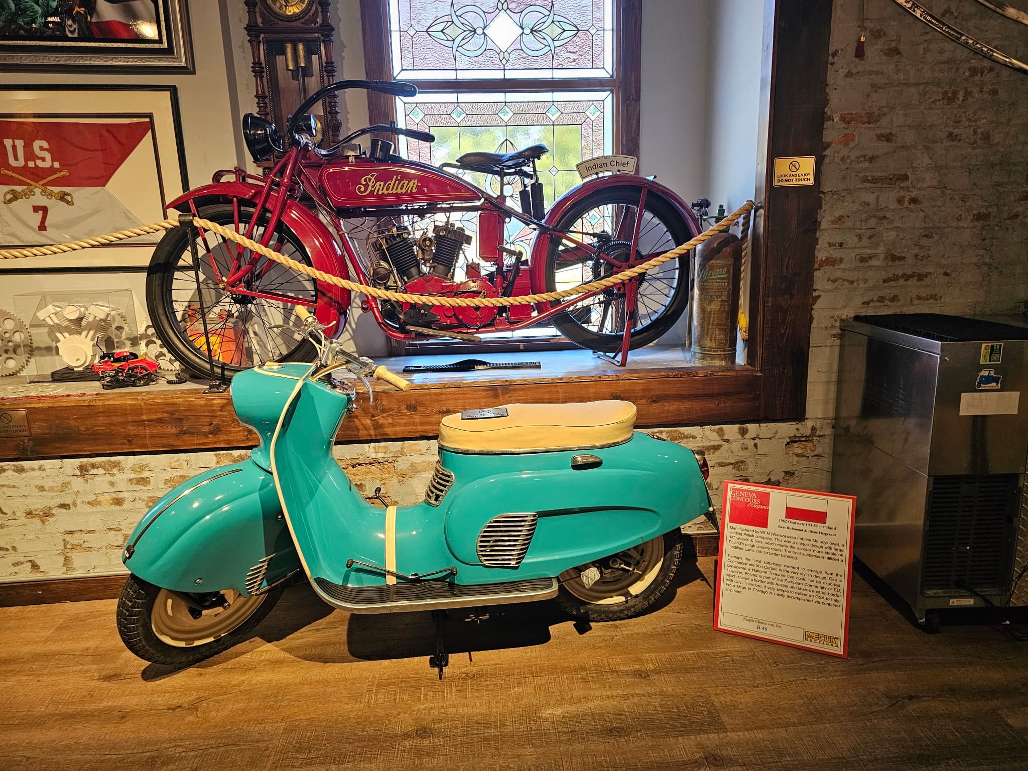 The Osa on the museum floor beside a 1923 Indian Chief